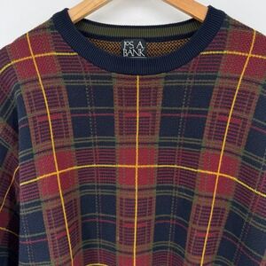 Vintage Jos‎ A Bank Plaid Sweater Mens Medium Burgundy Grandpa